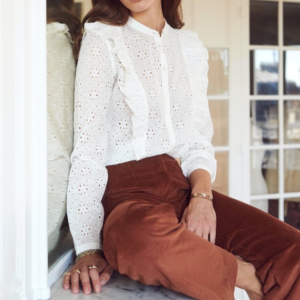 Sezane White Broderie Anglaise Button Down Ruffle Shirt